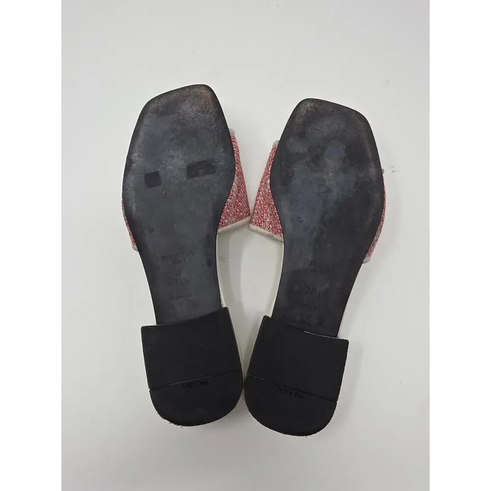 Prada Logo Jacquard Slide Sandals Red White Flat Day Quilted Woven 37.5 7.5